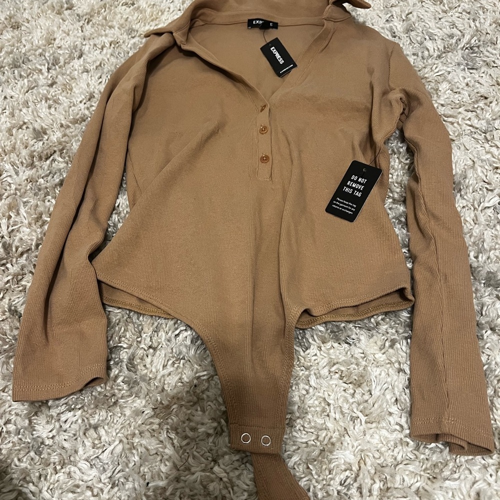 Express Tan Fitted Polo Bodysuit